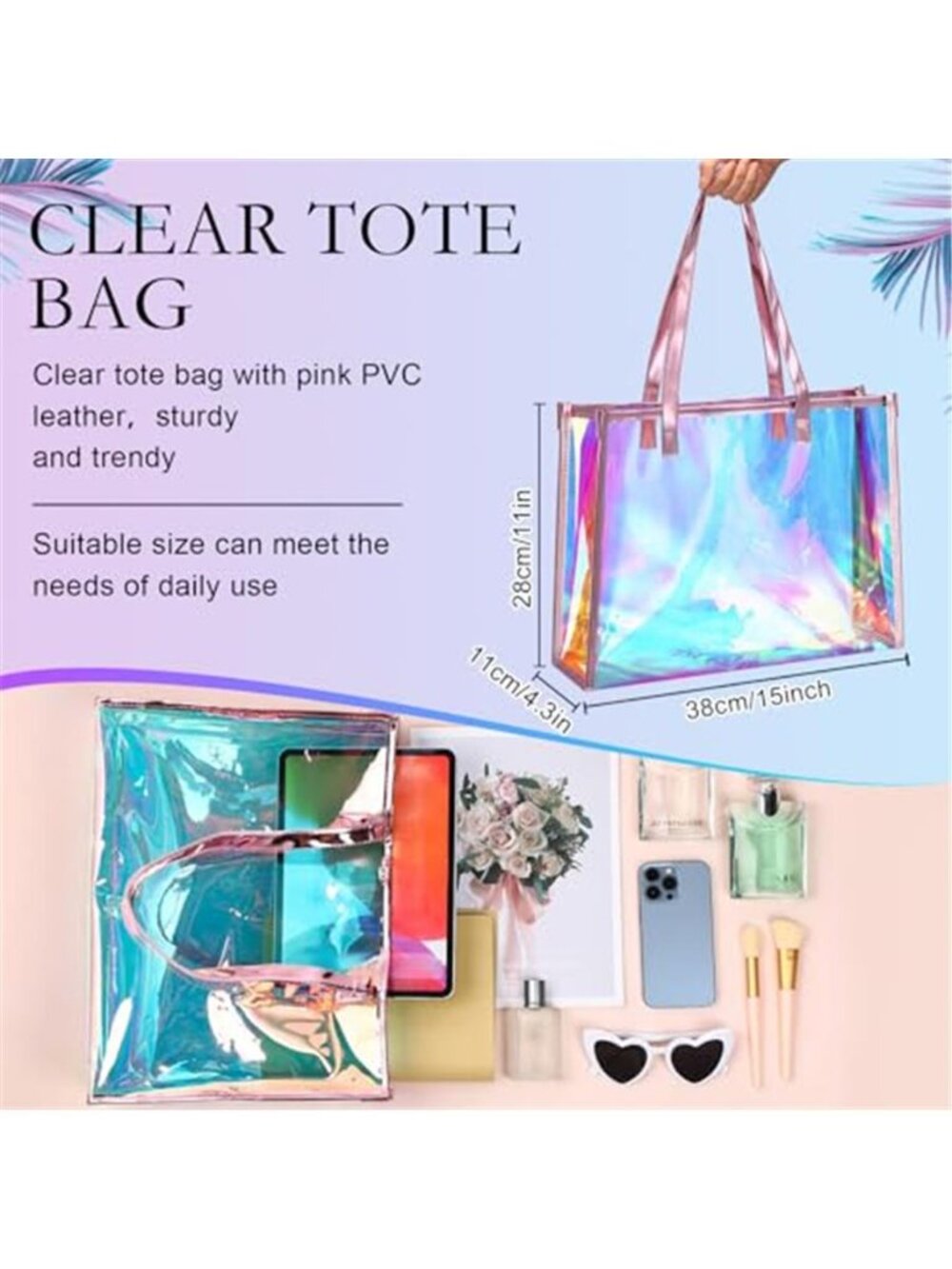 Holographic Clear Tote Bag with Leather Handle Iridescent Bachelorette - Picture 4 of 6